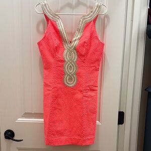 Lilly Pulitzer Coral Pink Valli Shift Dress with silver & gold soutache.